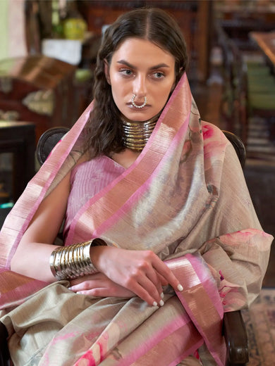 Bewitching Light Grey & Pink Floral Printed Banarasi Silk Saree